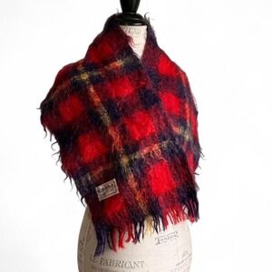 Vintage‎ OWM LTD. India Red Plaid Fuzzy Mohair Scarf